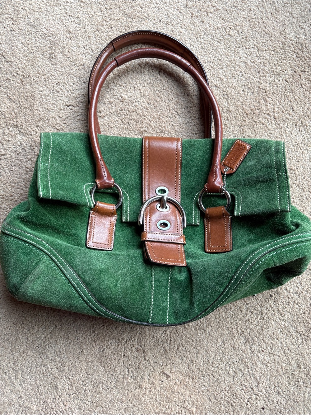 Coach Green Suede Shoulder Bag with Brown Leather Trim